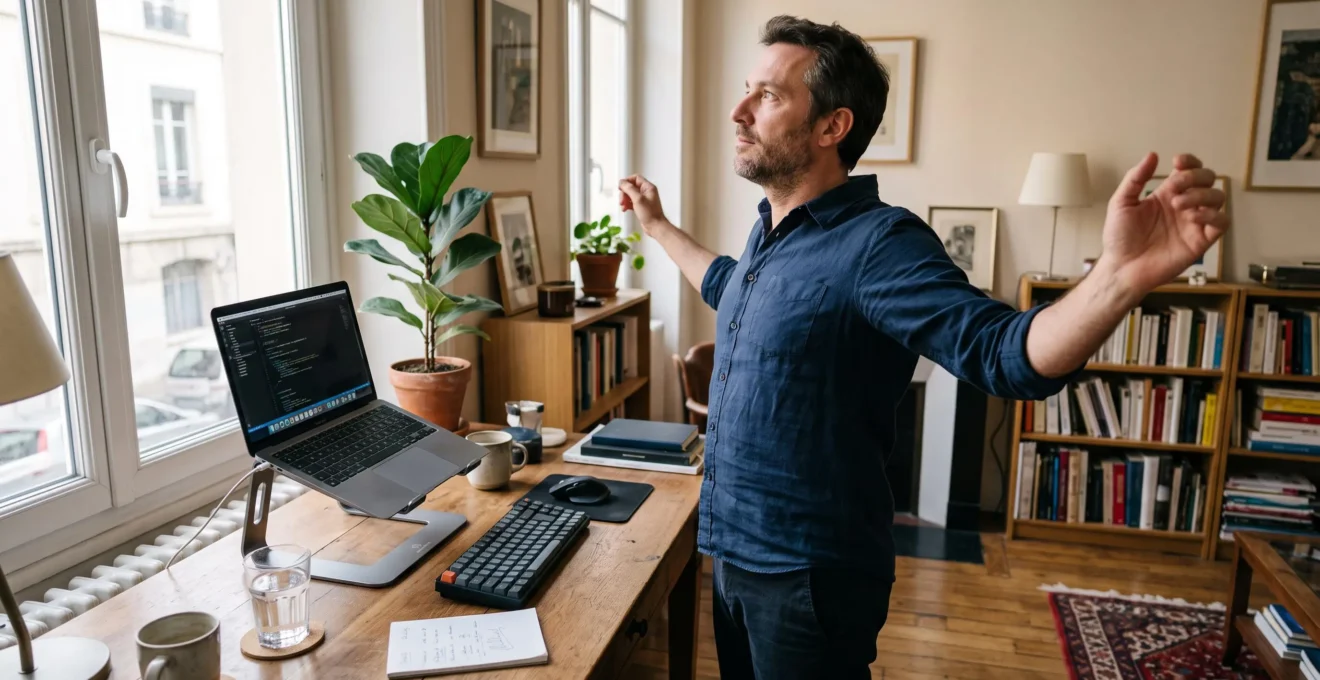 Un homme se tient debout à côté de son bureau et s'étire en s'éloignant momentanément de son ordinateur portable.