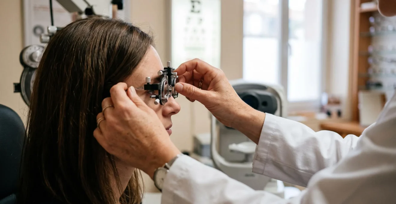 Un opticien ajuste la lentille d'une monture d'essai portée par un patient lors d'un examen de la vue en cabinet.