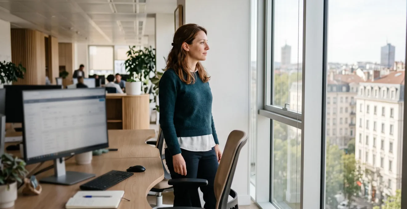 Une salariée dans un bureau lumineux détourne le regard de son écran et fixe la vue lointaine par la fenêtre pour reposer ses yeux.