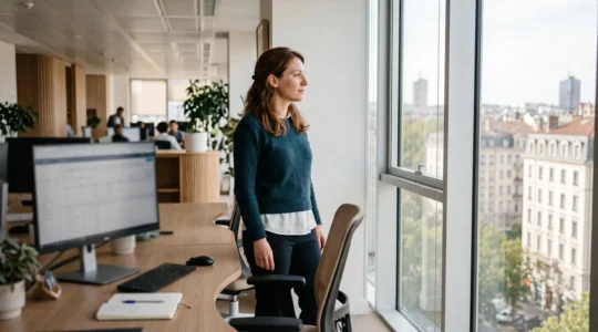 Une salariée dans un bureau lumineux détourne le regard de son écran et fixe la vue lointaine par la fenêtre pour reposer ses yeux.
